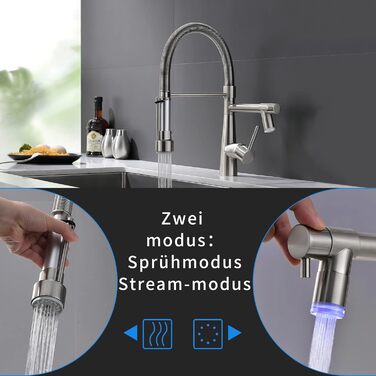 LED кухонний змішувач з спіральною пружиною, поворотний на 360°, з двома виливами, висувний, для кухні, з душем, високий тиск, з матовим нікелем