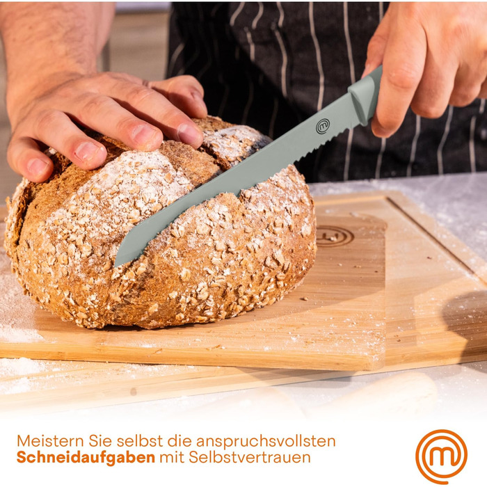 MasterChef 5-Piece Knife Block Set - Stainless Steel Kitchen Knife Set with Chef's Knife, Santoku, Bread Knife, Utility Knife & Vegetable Knife - Sharp, Black Soft-Touch Handles