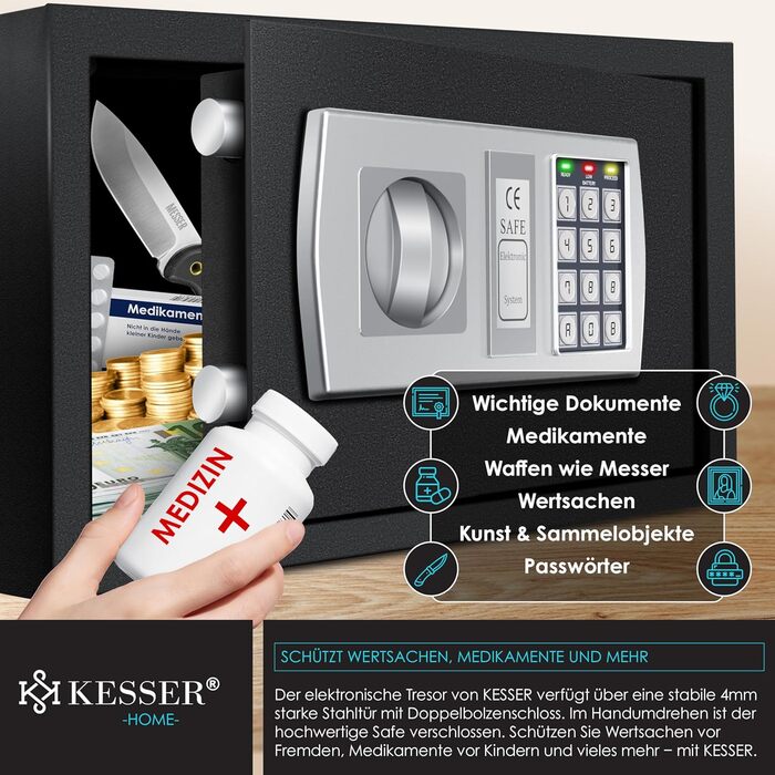 Електронний сейф KESSER® настінний, 31x20x20 см, з подвійним замком, внутрішнім освітленням, чорний (L)