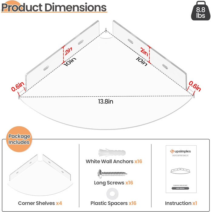 Настінні полиці Upsimples, 4 шт., білі, без свердління, 38x10 см, для ванної, спальні та кухні