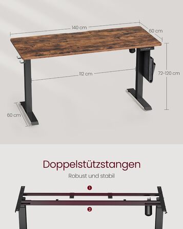 VASAGLE Electric Height Adjustable Desk, 60 x 120 x (72-120) cm, Memory Function, Wood & Steel Frame, Vintage Brown