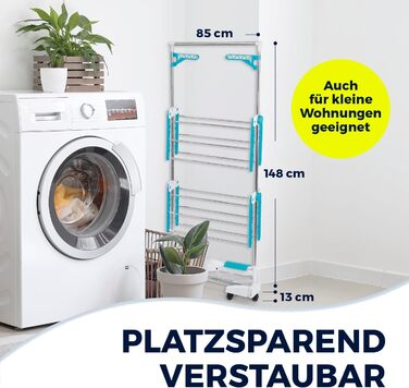 Електричний сушильний стійка EASYmaxx 900 з роликами, 9м довжини сушіння та 2 ярусами | Турбо стійка для білизни з бічними крилами та технологією повітряного потоку | 138x65x148 см