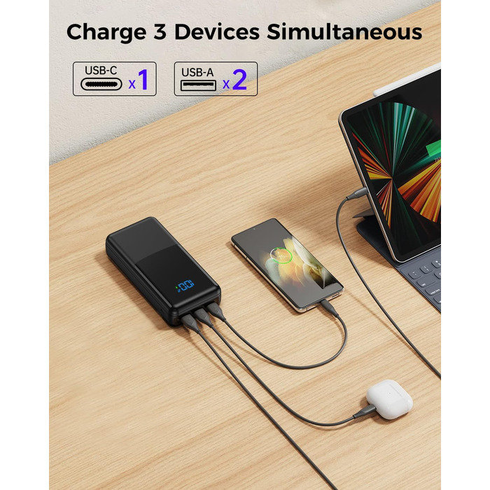 Power Bank Coblob 27000mAh з LED дисплеєм, 3 виходи, 2 входи, чорний