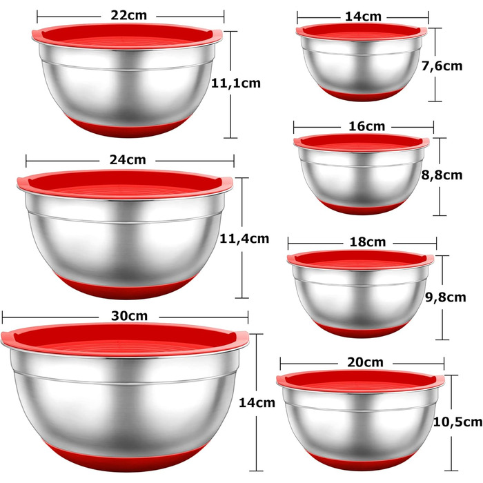 TEAMFAR Mixing Bowl Set, 7-Piece Stainless Steel Bowl Salad Bowl Set with Airtight Lids and Silicone Bottom, Nesting & Dishwasher Safe, 0.7L / 1.2L / 1.5L / 2.5L / 2.8L / 3.5L / 6.5L, red