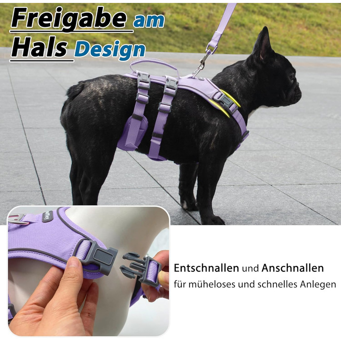 Нашийник для собак з повідком, безпечний нашийник від виривання, анти-тяга, нашийник для собак з ручкою та світловідбиваючими елементами, легкий, регульований, для середніх собак (XS) (Дуже маленький, фіолетовий)