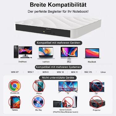 Зовнішній DVD/CD привід USB: DVD-брунер та оптичний накопичувач для ноутбука та ПК, підтримка +/-RW ROM, сумісність з Windows, MacOS, Linux (білий)