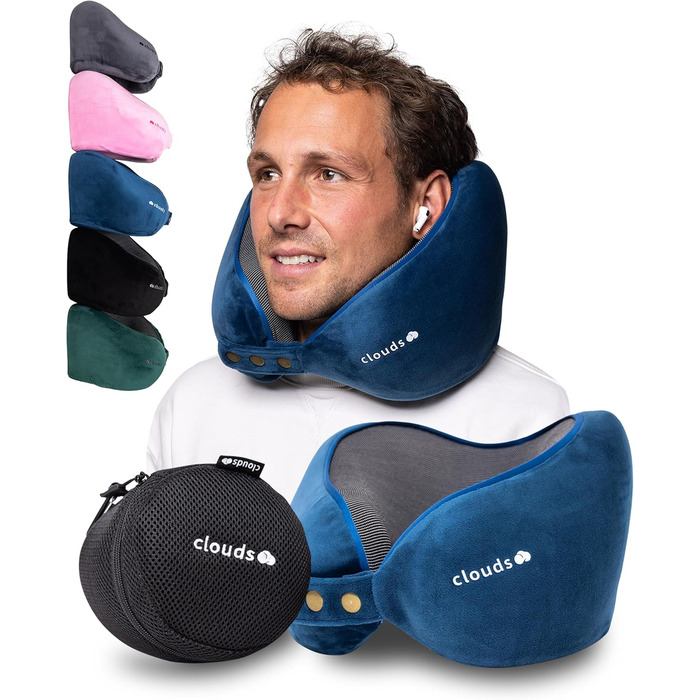 Подушка для шиї CLOUDS – регульована, з піною з пам'яті, для подорожей (літак, авто) – 2 розміри, дихаючий чохол, 5 кольорів (блакитний, L/XL)