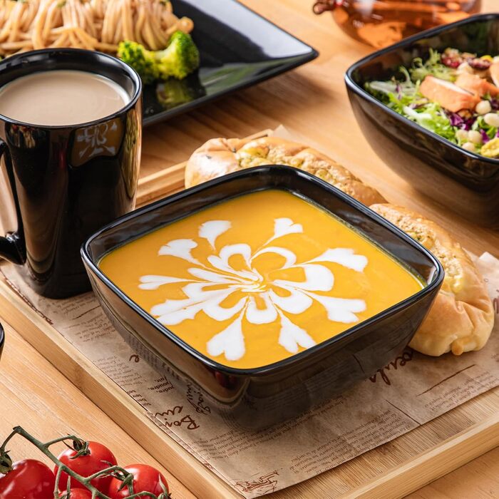 Vancasso Dinnerware Set, 24 Piece Stoneware SOHO Square Dish Set for 6 People, Combination Set, Square 24 Piece Black