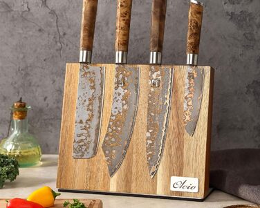 Magnetic knife block made of solid acacia wood, 3.80 cm thick, with a stainless steel base, magnetic knife holder for up to 6 knives, wooden knife storage, kitchen knife block without knives