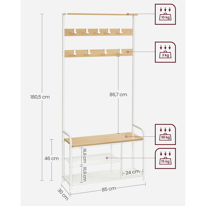 VASAGLE Coat Rack, Wardrobe, Clothes Rack with 9 Hooks, Shoe Bench, Shelf, 30 x 85 x 180.5 cm, for Entryway, Bedroom, Small Apartments, Industrial Design, Vintage Brown-Black HSR409B01 (Oak Color + White)