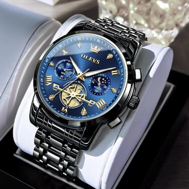 Годинник чоловічий OLEVS з металевим браслетом, кварцовий, з місячною фазою, хронограф, водостійкий, з нержавіючої сталі (2856 Blue / Black)