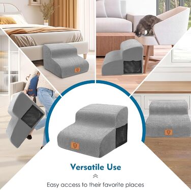Myiosus Dog Stairs for Bed, 2-Step Foam Pet Stairs for Sofa with Removable Waterproof Cover, Non-Slip Dog Ramp Ladder for Small Dogs and Cats, 40 x 40 x 30 cm, Black (Grey Dog Stairs)