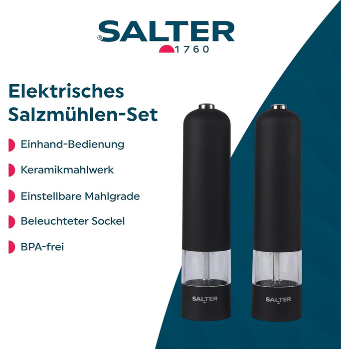 Набір електричних мельниць для солі та перцю Salter – зручне управління однією рукою, керамічний млин, регульований ступінь помелу, стильний чорний корпус з підсвічуванням