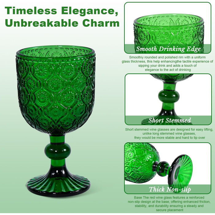 Набір келихів для вина, вінтажний стиль, 350мл, 6 шт, кришталеве скло з тисненням, придатні для миття в посудомийній машині, рожевий