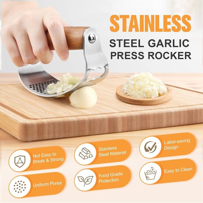 Пресс для часнику з нержавіючої сталі з важелем, дерев'яний ручка, прес для часнику, подрібнювач часнику, кухонний гаджет, легкий у чищенні