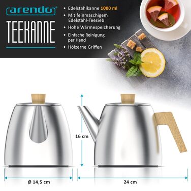 Заварник для чаю Arendo з нержавіючої сталі з ситом, 1000 мл, термос з подвійними стінками та дерев'яними ручками, сріблястий
