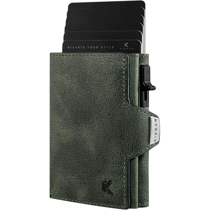 Чоловічий шкіряний гаманець KIDMAN Icarus Slim із захистом RFID, алюмінієвим футляром, монетницею, відділенням для купюр, на 8 карт, зелений
