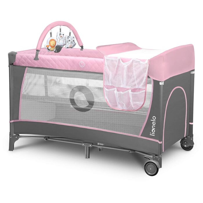 Lionelo Flower 4in1 Travel Cot Baby, Playpen Baby with Side Entrance, Changing Table, Two Mattress Suspension Heights, Play Arch with Figures, Wheels, Carry Bag 1 Piece (1 Pack) Pink
