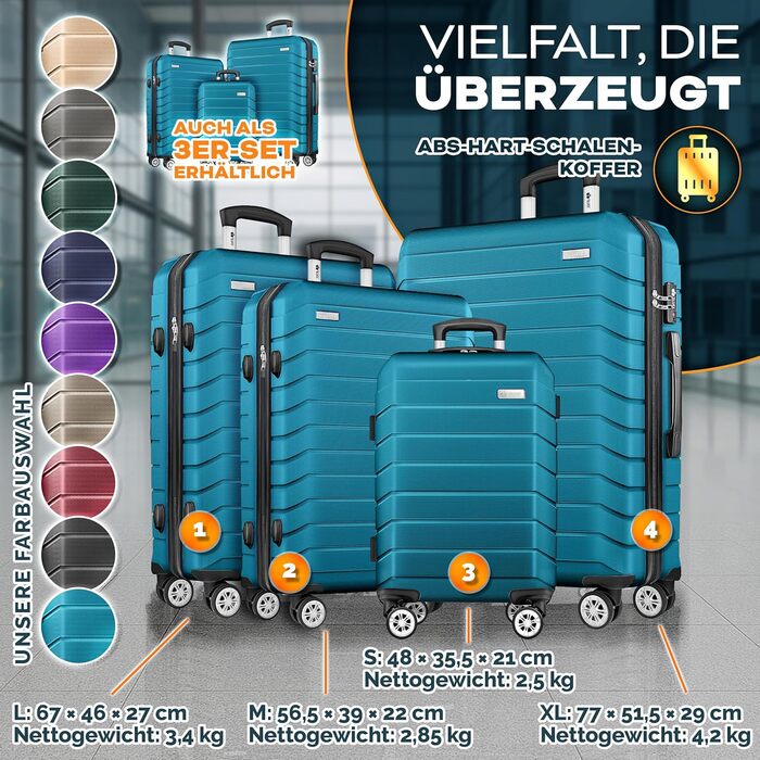Набір валіз Tillvex® 4 шт. + вагова шалька, 8 ременів для валіз & 4 бірки | Валізи на 4 колесах | Trolley, валізи з замком TSA | Жорсткі валізи S-M-L-XL