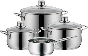 Набір каструль WMF Diadem Plus, 4 шт. з кришками з термостійкого скла, Cromargan® (нержавіюча сталь 18/10), широкі зливні краї, унікальний дизайн, технологія TransTherm® (підходить для всіх типів плит, включаючи індукційні), артикул 073044