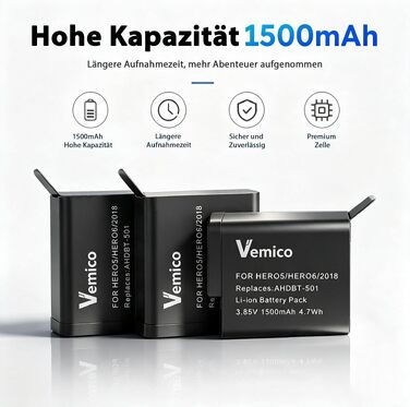 Комплект акумуляторів та зарядного пристрою Vemico для GoPro Hero 7: 3 акумулятори по 1500mAh та USB-C зарядка