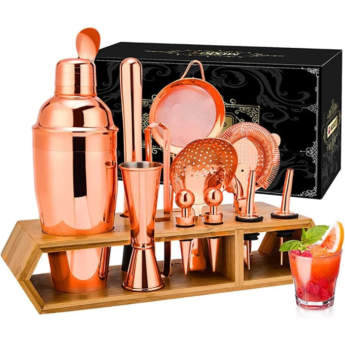 Набір для коктейлів Hansum, 18 предметів, нержавіюча сталь, рожеве золото, з дерев'яною підставкою для бармена