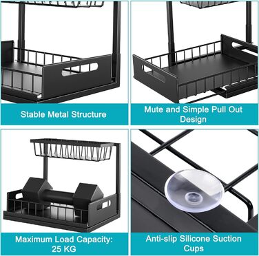 Cocolemon Metal Under Sink Shelf, 2-Tier Kitchen Cabinet Organizer with Drawer, Large Capacity Under Sink Shelf, Spice Rack and Kitchen Helper for Kitchen, Bathroom, Under Cabinet, Black