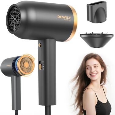 Іонний фен з насадкою-дифузором DEWILY 1800W, Швидке сушіння, Кнопка холодного/гарячого повітря, Термостат, 3 температури, 2 швидкості, Концентратор, Фен для локонів (Чорний+Золотий)
