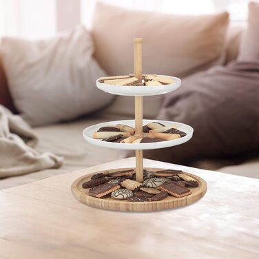 Relaxdays Bamboo and Ceramic Tiered Serving Tray, 3-Tier, DxH: 30 x 36 cm (Diameter x Height) for Cookies, Fruit, Snacks, natural white