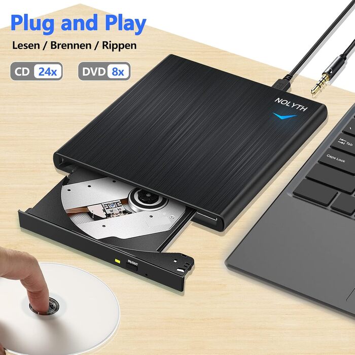 Зовнішній CD/DVD привід для ноутбука USB-C та USB: портативний DVD-плеєр та записувач для Mac, MacBook, Windows