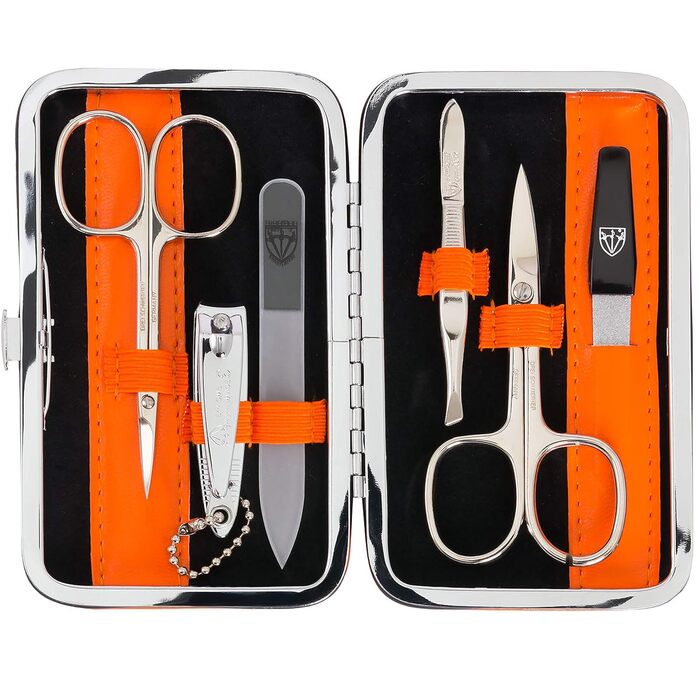 Набір для манікюру DREI SCHWERTER 'Genova' 6 предметів | Німецька якість | Чорне еко-шкіряне етикетування | У комплекті: ножиці для нігтів, ножиці для кутикули, кусачки, стеклянна пилка, пінцет, сапфірова пилка