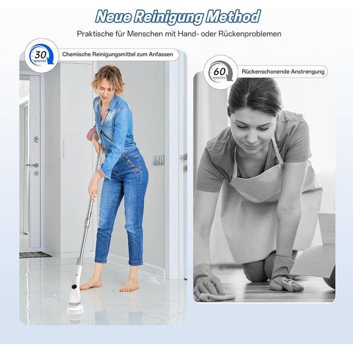 Електрична щітка для прибирання ванної кімнати, 7 в 1, з набором насадок, LED-дисплей, регульована ручка, IPX7, білий