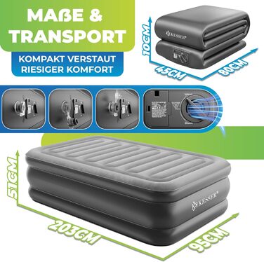 Надувний матрац KESSER® з електричною помпою, самонадувний, для гостей, кемпінгу та дому. Матрац для 1 особи, 203 x 95 x 51 см, сірий/антрацит