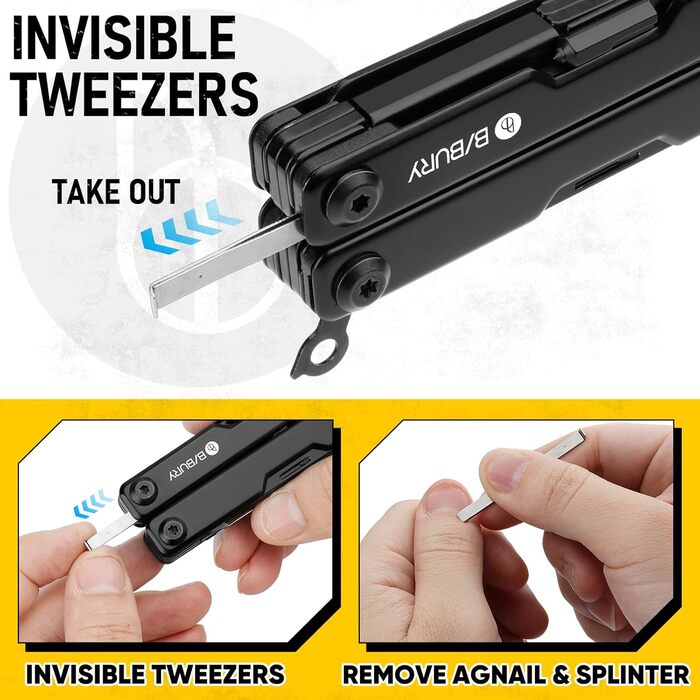 Мультитул BIBURY 10-в-1 з невидимими пінцетами, розбивачем скла, кріпленням для ременя та ножем для різання ременів. Ідеальний для кемпінгу, риболовлі, відпочинку на природі. Міні-інструмент BIBURY, чорний. Чудовий подарунок для жінок та чоловіків.