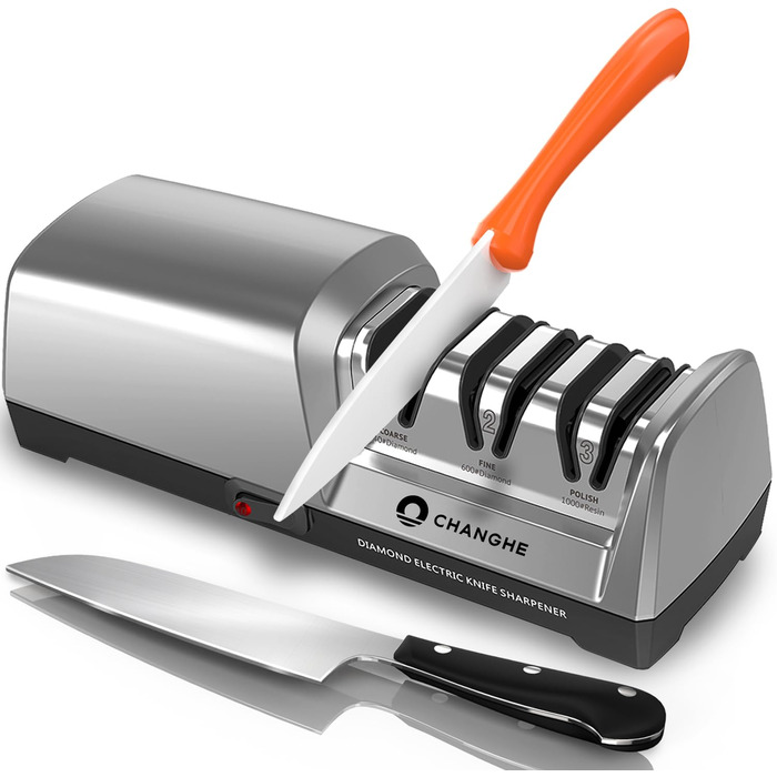 VERSAINSECT Точилка для ножів - електрична, для кухонних та керамічних ножів, 15°, з алмазним абразивом, 3-ступенева, срібна