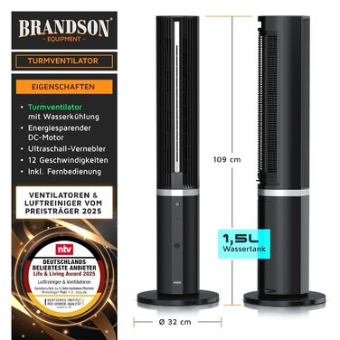 Вентилятор з водяним охолодженням Brandson - преміум модель 2025 року, з вологопоглиначем та дистанційним керуванням, 12 швидкостей, тихий DC-двигун