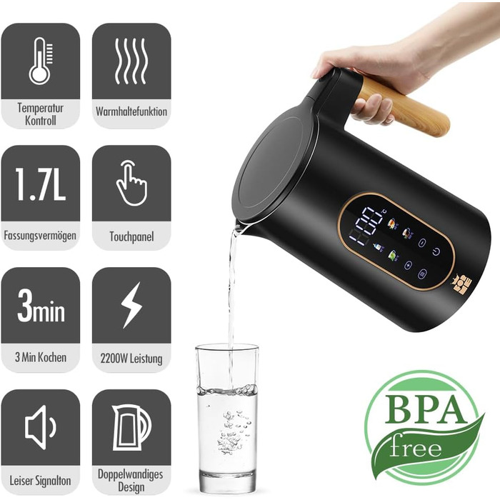 ForMe Stainless Steel Kettle 1.7 L with Temperature Setting, Temperature Selection 40-100°C, LED Digital Temperature Display, Adjustable Kettle, Tea Pot/Kettle, Keep-Warm Function, BPA Free