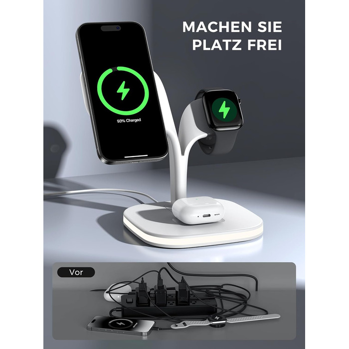 Зарядна станція 3-в-1 для Apple Watch та iPhone з MagSafe, білий колір. Підходить для iPhone 17, 16, 15, 14, 13, 12 Series, Apple Watch 11, 10, 9, 8, 7, 6, 5, 4, 3, 2, SE, Ultra, AirPods Pro/4/3/2. Потужність: 20W.