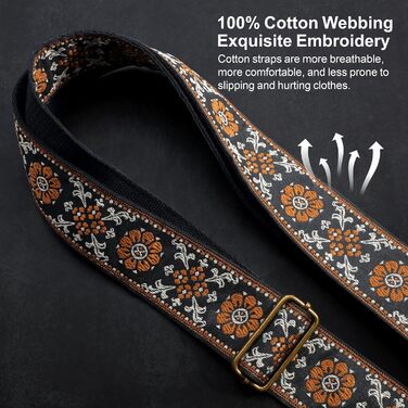 Гітарний ремінь Nefelibata з вишивкою 'Жовта Квітка' – бавовна, Crazy Horse шкіра, для бас-гітари, електро- та акустичної гітари, подарунок для дітей та гітаристів, стиль ретро E#