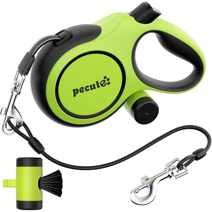 Рулетка для собак Pecute 8м, бісостійка, з набором для збору відходів, 360° без перекручування, для собак середніх та великих (15-50кг), зелена
