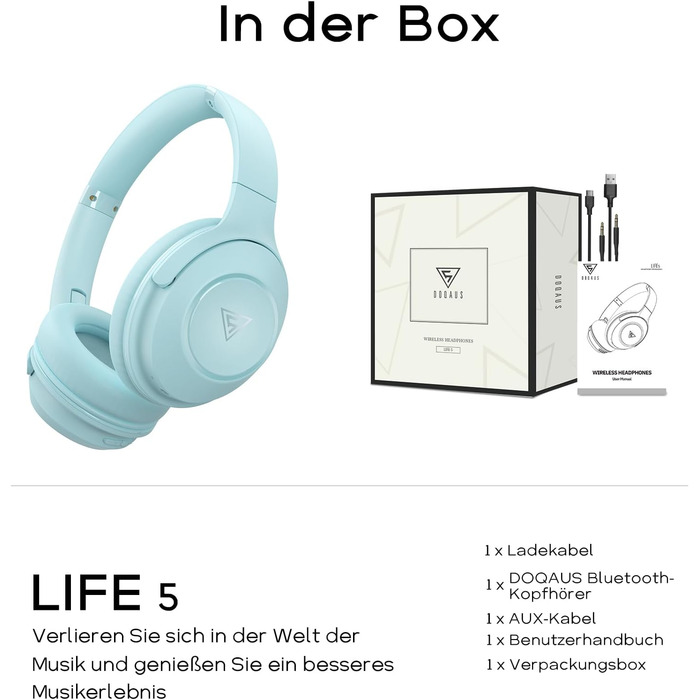 Бездротові навушники DOQAUS Bluetooth з тривалим часом роботи (70 годин), Over-Ear, Bluetooth 5.4, з кабелем, 3 режими EQ, HiFi стерео для подорожей/телефону/ПК (блакитні)