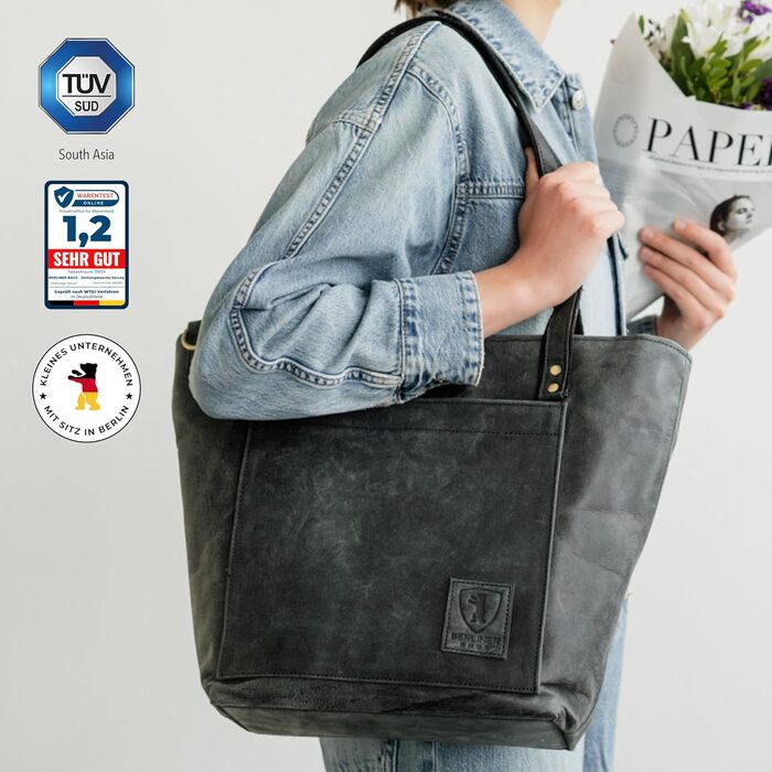 Сумка жіноча шкіряна через плече Berliner Bags Verona, велика шопер-сумка з YKK-блискавкою, темно-сіра