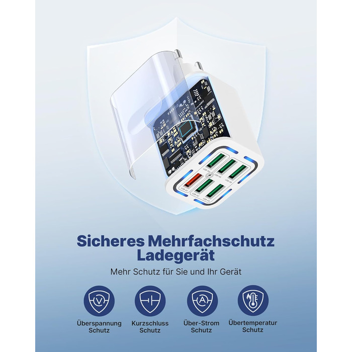 Зарядний пристрій USB 6-портовий, 33W, адаптер з QC 3.0, багатопортовий зарядний пристрій, мережевий адаптер для iPhone 16 15 14 13 12 11 Pro Max, iPad, мобільний телефон, білий
