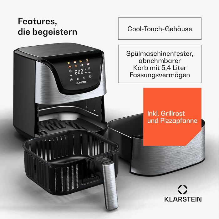 Klarstein AeroVital Deluxe Hot Air Fryer – 5.4 L Air Fryer, 1700 W, Touch Display, 8 Programs, Non-Stick Coating, Grill Rack & Pizza Tray, Cool-Touch Housing, Timer & Temperature Control, Black Hot Air Fryer + Basic Accessory Set