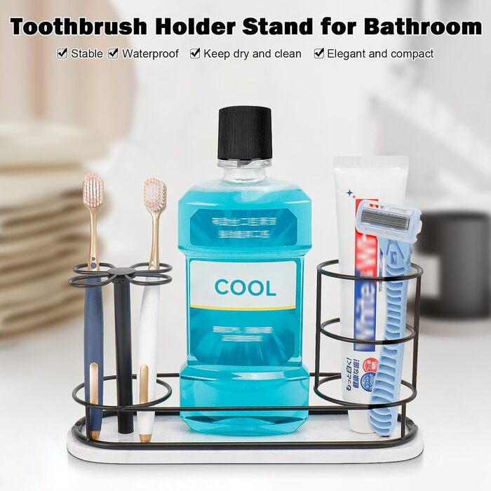HarJue Toothbrush Holder for Bathroom, Metal Toothbrush Organizer with Marble Base, Toothbrush Storage Collection for Family, Suitable for Home, Hotel, Countertop, Vanity (Matte Black, Large)