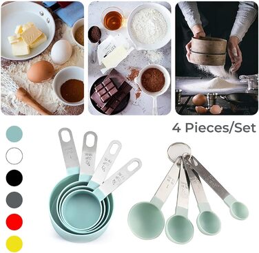 FBHappiness 4-Piece Baking Tool Set with Kitchen Measuring Spoons, Stainless Steel Handle, Measuring Cups with Scale, Measuring Spoons, Kitchen Helper (Color: 4 Green Cups) (4 Green Cups)