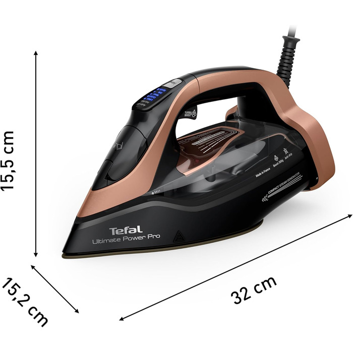 Tefal Ultimate Power Pro Steam Iron, 3200 Watts, Continuous Steam Output 85 g/Min., Steam Boost, Pump System, 2 Steam Levels, Stain Protection, Black/Bronze, FV9E50E0