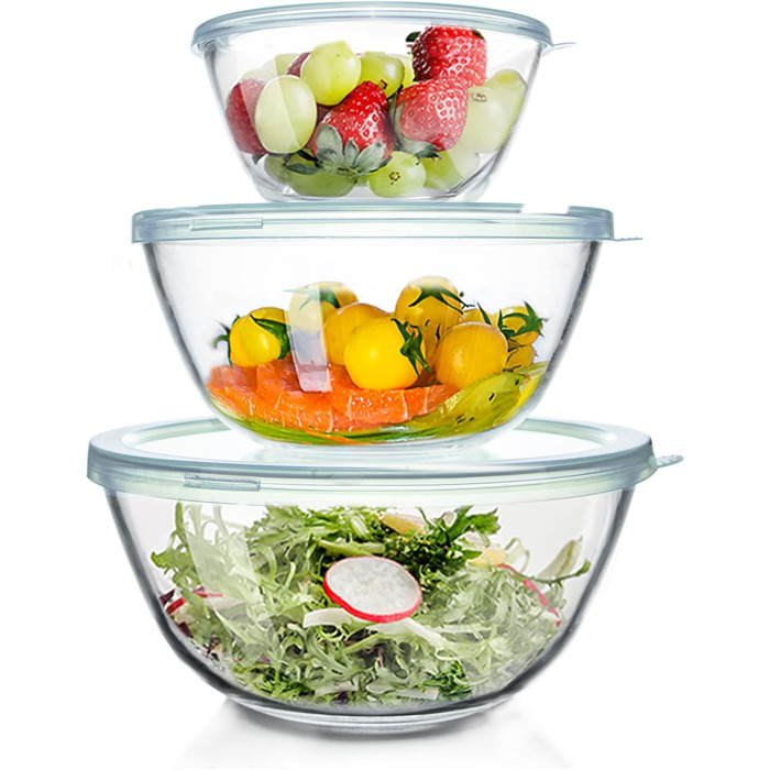 WhiteRhino Glass Mixing Bowls with Lids, 3-Piece Set (4.2L, 2.5L, 1L), Large Round Salad Bowls for the Kitchen, Salad Bowl with Lid, Cooking, Baking, Preparing, Dishwasher Safe