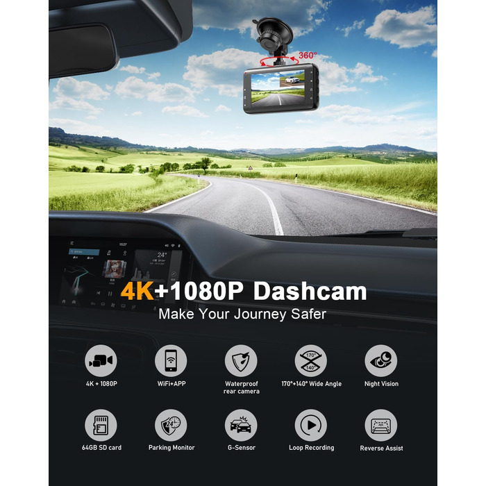 Відеореєстратор у машину Dashcam 4K з двома камерами, WiFi, 64GB SD карта, паркувальний асистент, нічне бачення, 170°+140° кут огляду, 3' IPS дисплей, G-сенсор, циклічна запис, паркування, підтримка карт до 256GB