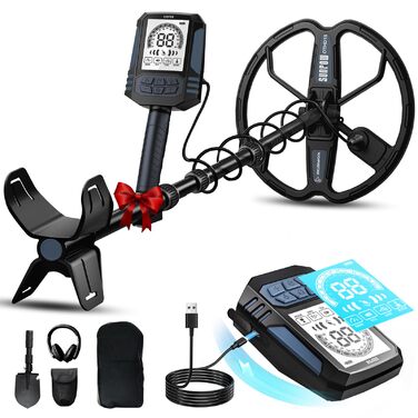 Металошукач SUNPOW для дорослих – водонепроникний, з лопатою, рюкзаком та навушниками, IP68, 11' Dual-D, 35h Li-Akku, 10 рівнів чутливості, 4 режими пошуку, 7-Metall ID, A-Schwarz